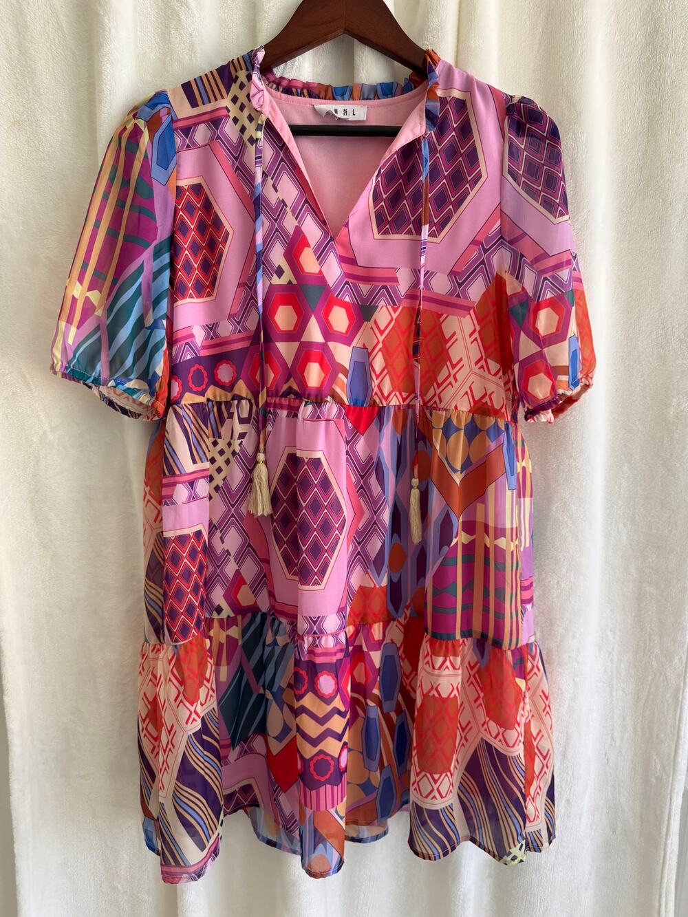 THML Anthropologie Abstract Short Sleeve Dress Small Tiered Skirt - Picture 1 of 9